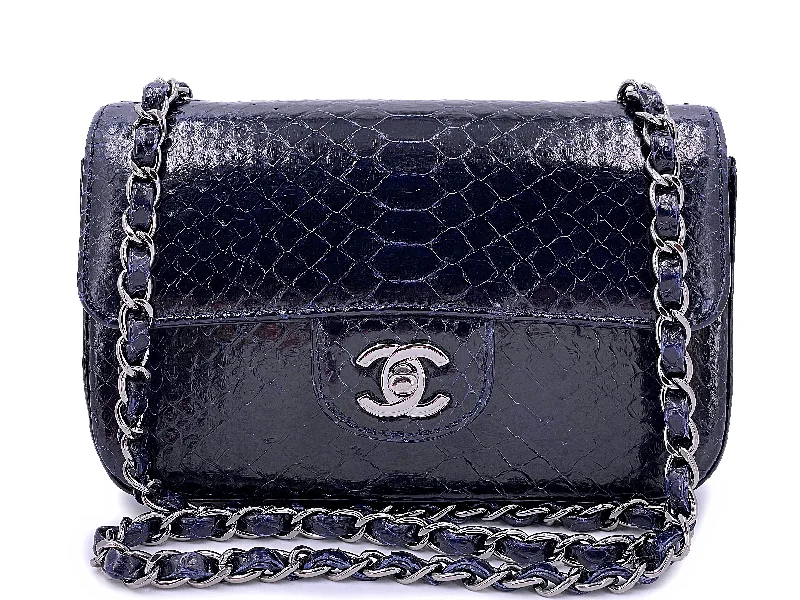 Chanel Midnight Navy Blue Python Rectangular Mini Flap Bag RHW