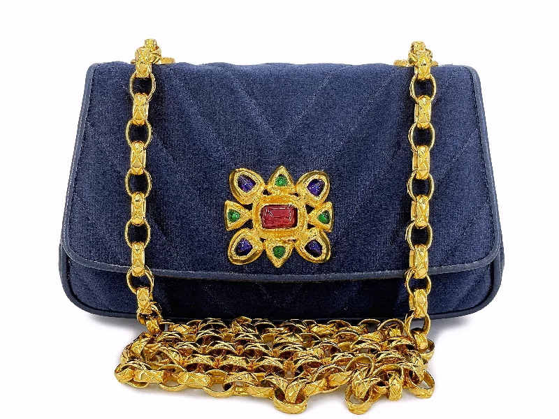 Chanel Vintage Gripoix Flap Bag Jeweled Navy Blue Chevron Satin 24k GHW XSO