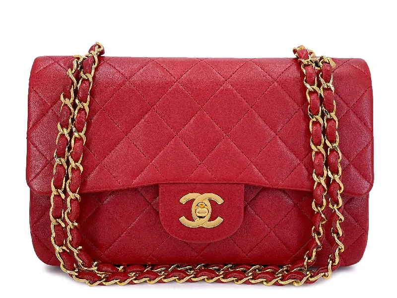 Chanel Vintage Red Small Classic Flap Bag 24k GHW Lambskin Double 1988 2KW