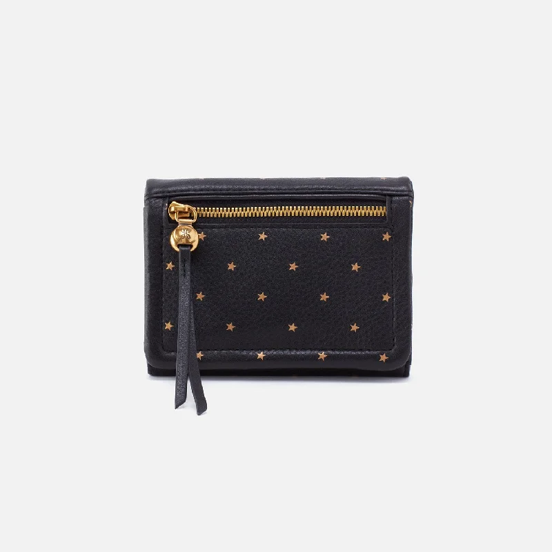 Lumen Medium Bifold Compact Wallet in Pebbled Leather - Black and Gold Stars