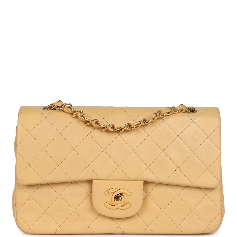 Vintage Chanel Small Classic Double Flap Beige Lambskin Gold Hardware