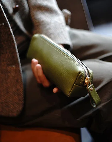 Vintage Women Green Leather Zipper Pencil Pouch Cosmetic Case Makeup Bag Wallet For Women