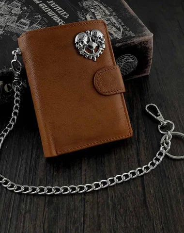 BADASS BROWN LEATHER MENS TRIFOLD SMALL BIKER WALLET BLACK CHAIN WALLET WALLET WITH CHAIN FOR MEN