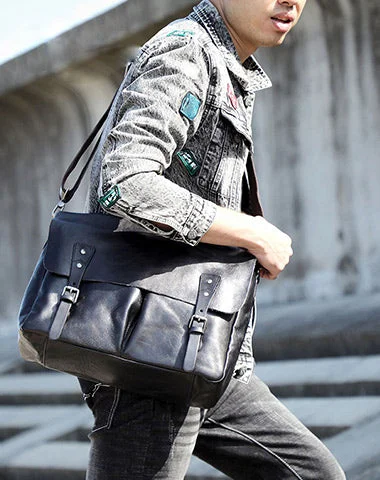 Black Leather Mens Large Briefcase 14inches Laptop Work Bag Laptop Bag Business Bag for Men