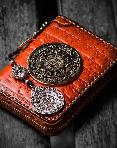 Handmade Leather Tibetan Tooled Mens billfold Wallet Cool Chain Wallet Small Biker Wallets for Men