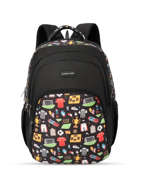 Lavie Sport Sporty 39L Printed School Unisex Backpack with Rain cover for Boys/Girls Black