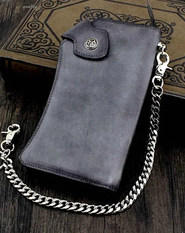 Vintage Gray Leather Men's Biker Chain Wallet Biker Wallet with Chain Long Chain Wallet For Men