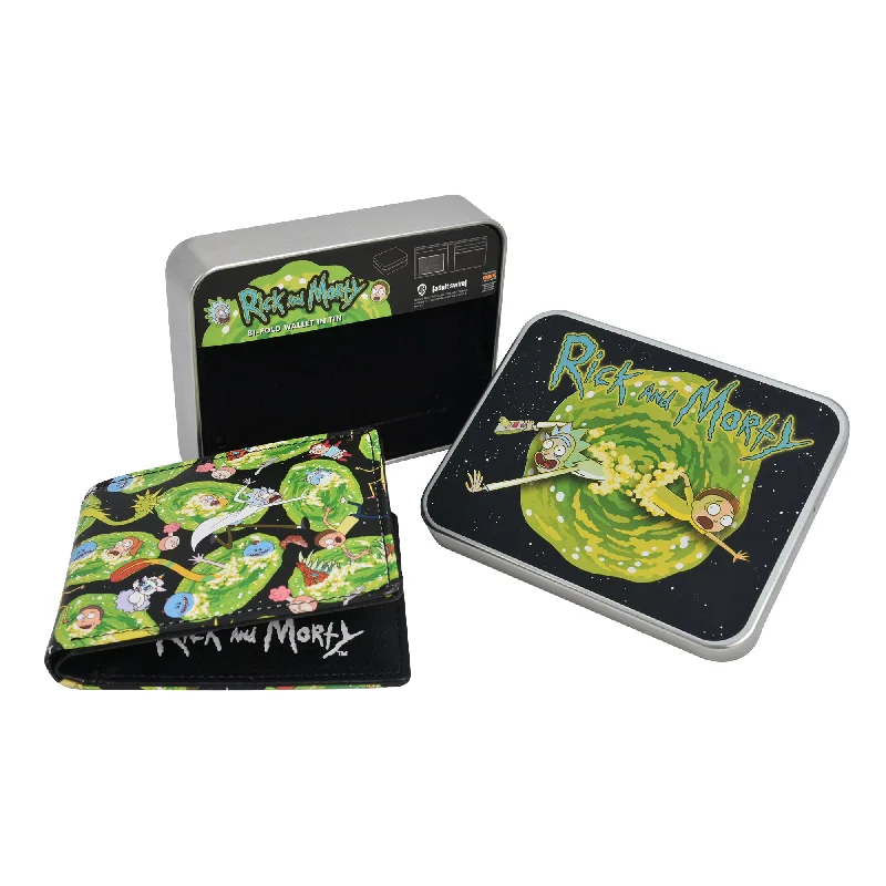 WB Adult Swim Rick And Morty AOP Bifold Wallet in a Decorative Tin Case, Multi